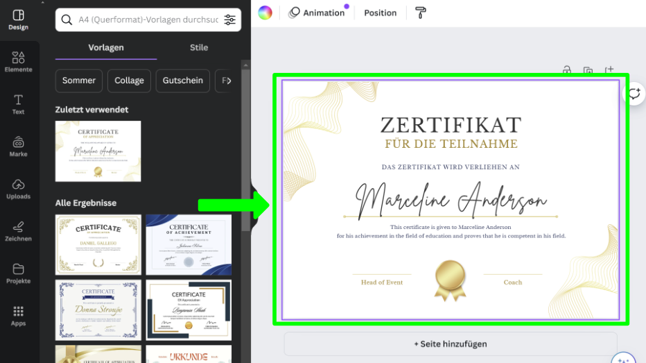 Canva Zertifikat bearbeiten